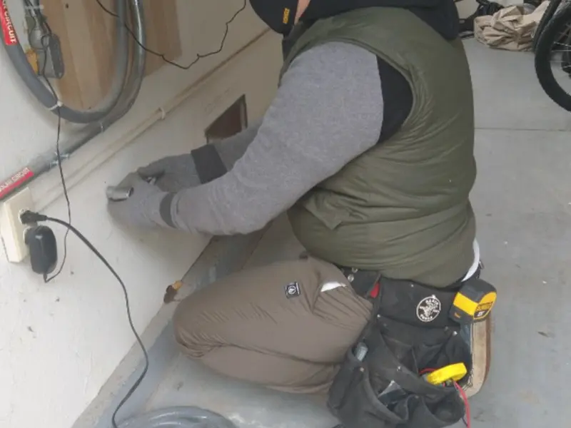 Electrician performing outlet wiring in a Beaumont garage